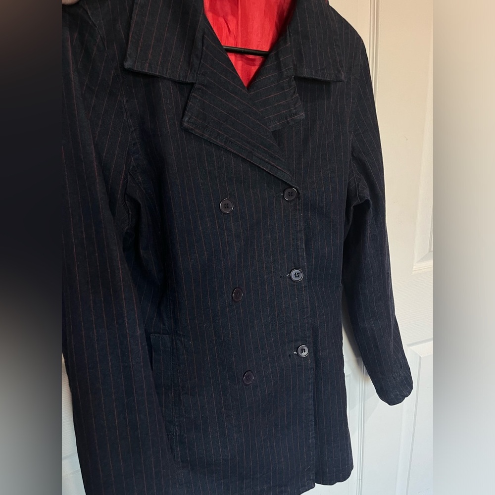 Vintage Esprit Denim Blazer Pea Coat M L navy blue red pinstripes